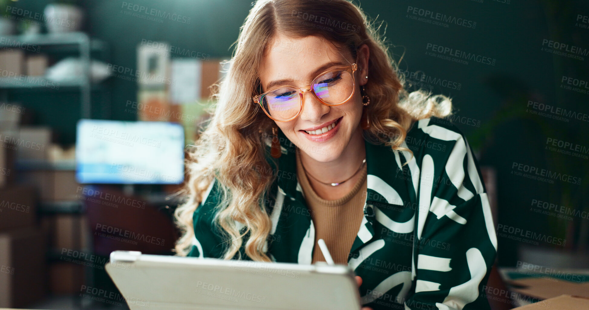 Buy stock photo Business, logistics and woman in office, tablet and internet with online schedule for delivery. Person, supply chain and entrepreneur with tech, distribution or website info with storage or inventory