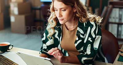 Buy stock photo Logistics, schedule and tablet with woman in office for delivery or shipment planning. Agenda, business and supply chain with confident person in depot or warehouse for ecommerce tracking as courier