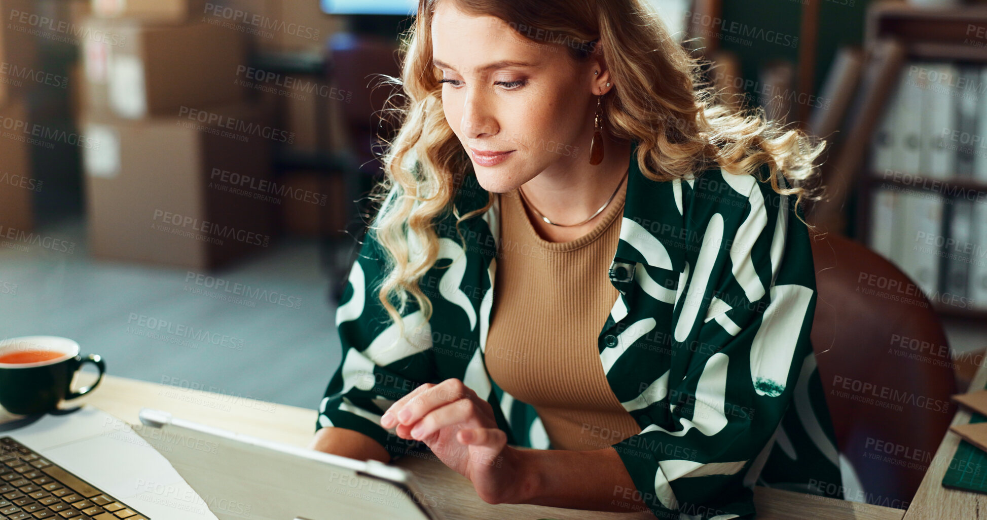 Buy stock photo Logistics, schedule and tablet with woman in office for delivery or shipment planning. Agenda, business and supply chain with confident person in depot or warehouse for ecommerce tracking as courier