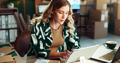 Buy stock photo Boxes, logistics and tablet with woman in office for delivery or shipping schedule on app. Agenda, distribution and supply chain with confident person in depot or warehouse for ecommerce tracking