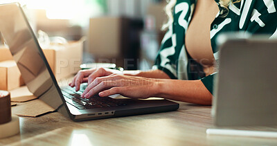 Buy stock photo Hands, laptop and logistics with person in office for delivery or shipping schedule closeup. Computer, supply chain and typing with distribution employee in depot or warehouse for ecommerce tracking