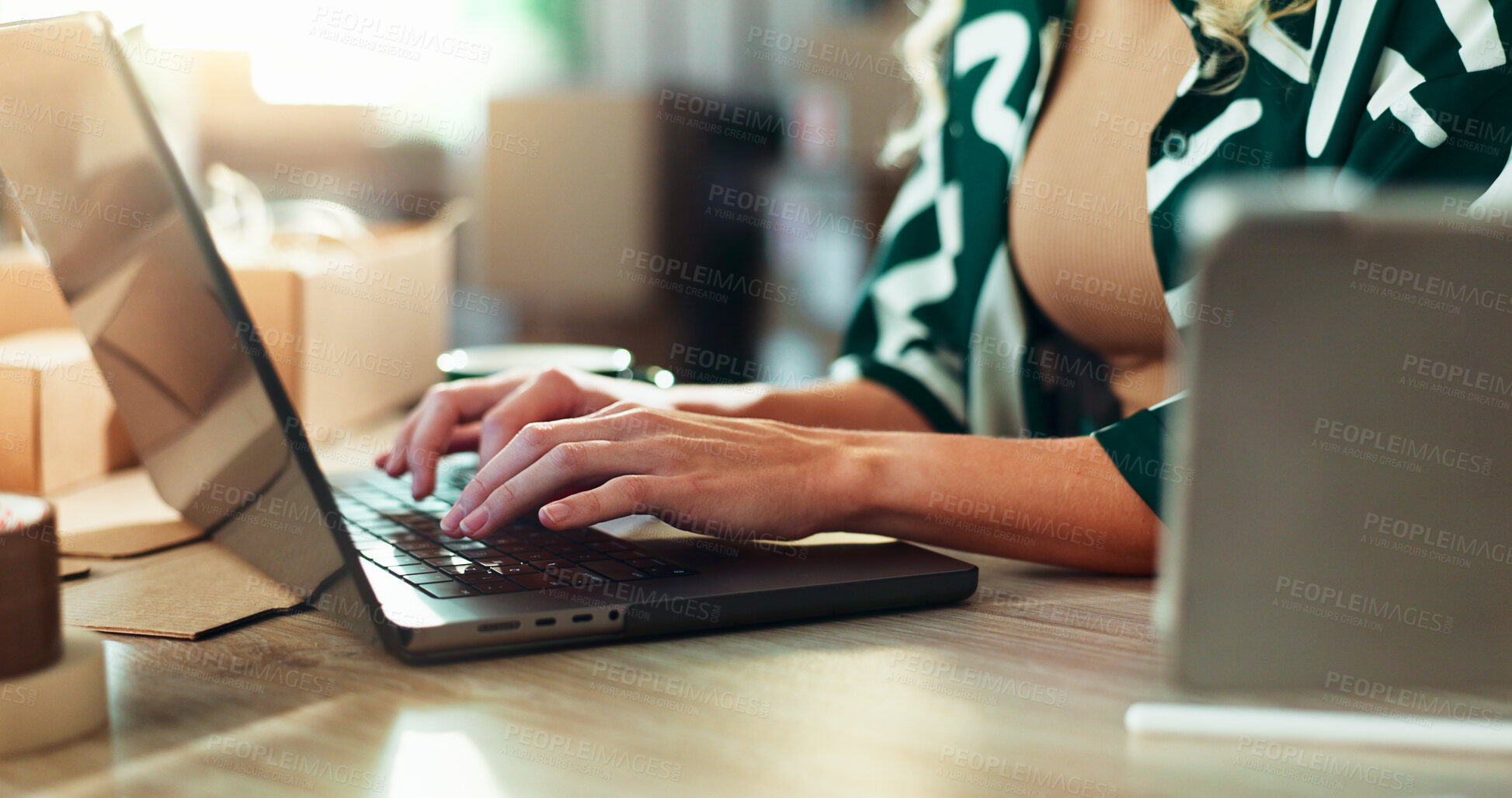 Buy stock photo Hands, laptop and logistics with person in office for delivery or shipping schedule closeup. Computer, supply chain and typing with distribution employee in depot or warehouse for ecommerce tracking