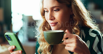 Buy stock photo Logistics, woman and delivery with phone, coffee and tracking retail order for online shop. Ecommerce, small business owner and break with smartphone for website reviews, supply chain and client chat