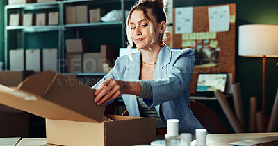 Buy stock photo Box, checking and logistics with woman in office for quality control of delivery or shipment. Inspection, package and supply chain with serious person in depot or warehouse for ecommerce shipping