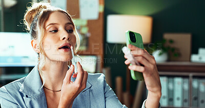Buy stock photo Business, makeup and phone with woman in office for cosmetic application or preparation. Camera, beauty or lipstick and employee person getting ready for meeting in professional workplace with mobile