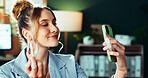 Makeup, phone and smile with business woman in office for cosmetic application. Camera, finance and lipstick with happy employee person in workplace for budget, financial management or investment