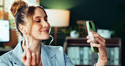 Buy stock photo Makeup, phone and smile of business woman in office for cosmetic application or preparation. Camera, beauty and lipstick with happy employee person getting ready for meeting in professional workplace