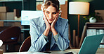 Laptop, logistics and stress woman in office for problem solving of delivery or shipping backlog. Computer, supply chain and thinking with worried person in depot or warehouse for ecommerce tracking