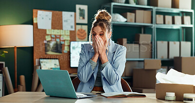 Buy stock photo Laptop, logistics and surprise with excited woman in office for delivery or shipping schedule. Computer, supply chain and wow with happy person in depot or warehouse for ecommerce bonus and sale