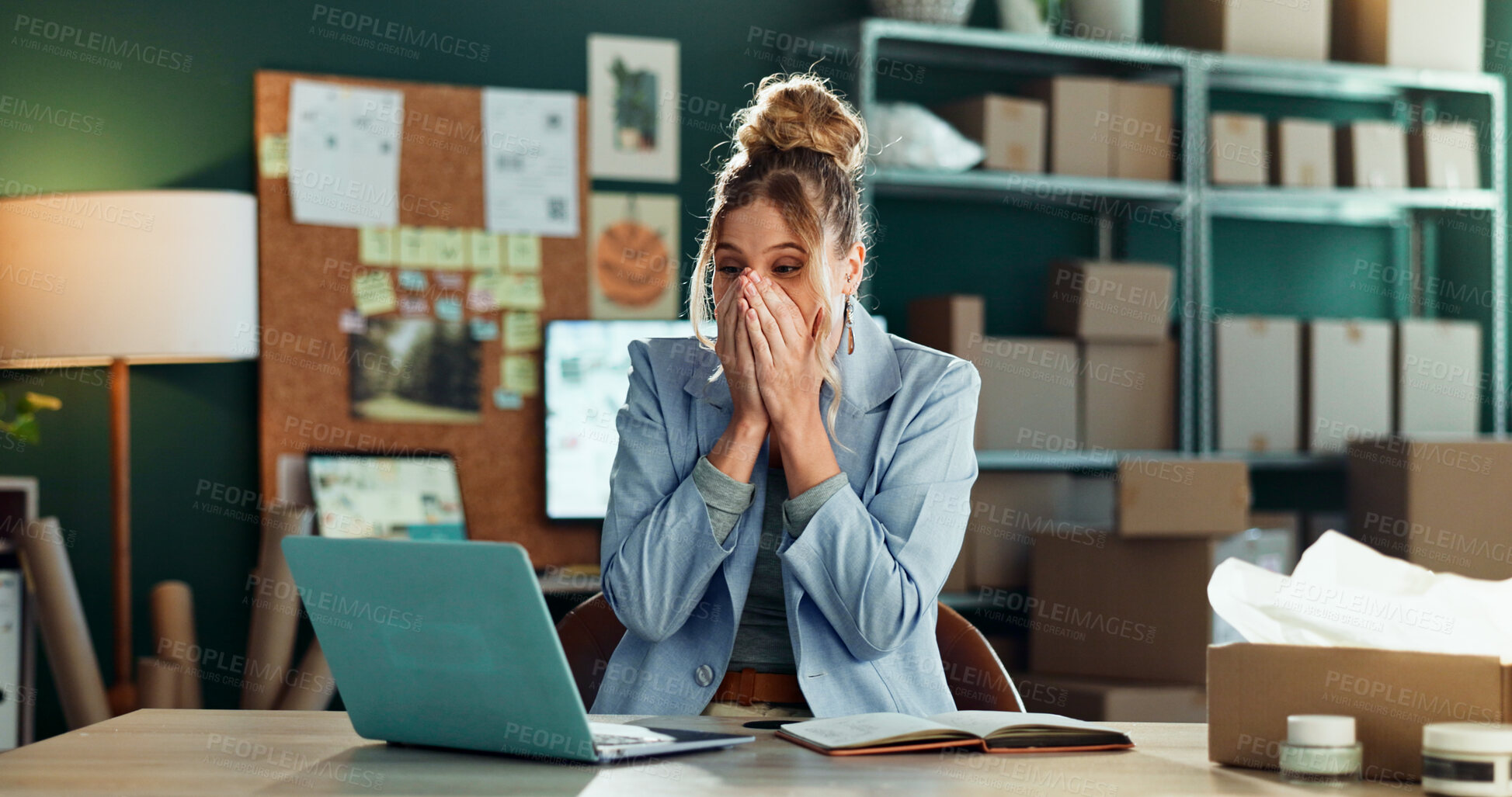 Buy stock photo Laptop, logistics and surprise with excited woman in office for delivery or shipping schedule. Computer, supply chain and wow with happy person in depot or warehouse for ecommerce bonus and sale