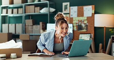 Buy stock photo Laptop, logistics and online order with excited woman in office for delivery or shipping schedule. Computer, notebook and supply chain with happy person in depot or warehouse for ecommerce tracking