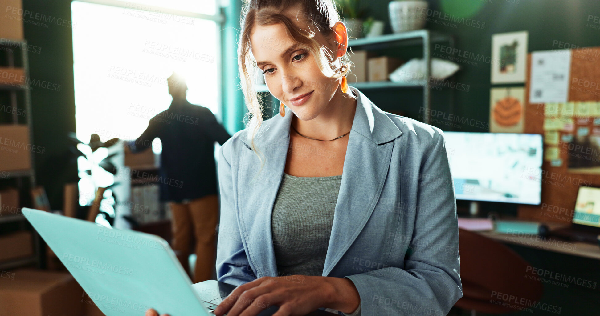 Buy stock photo Business, supply chain and woman in office, laptop and internet with online schedule for delivery. Person, check inventory and entrepreneur with computer, invoice  or website info for company reviews