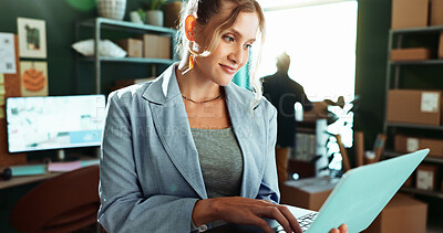 Buy stock photo Business, boxes and woman in office, laptop and internet with online schedule for delivery. Person, supply chain and entrepreneur in workplace, computer and website info with storage and inventory