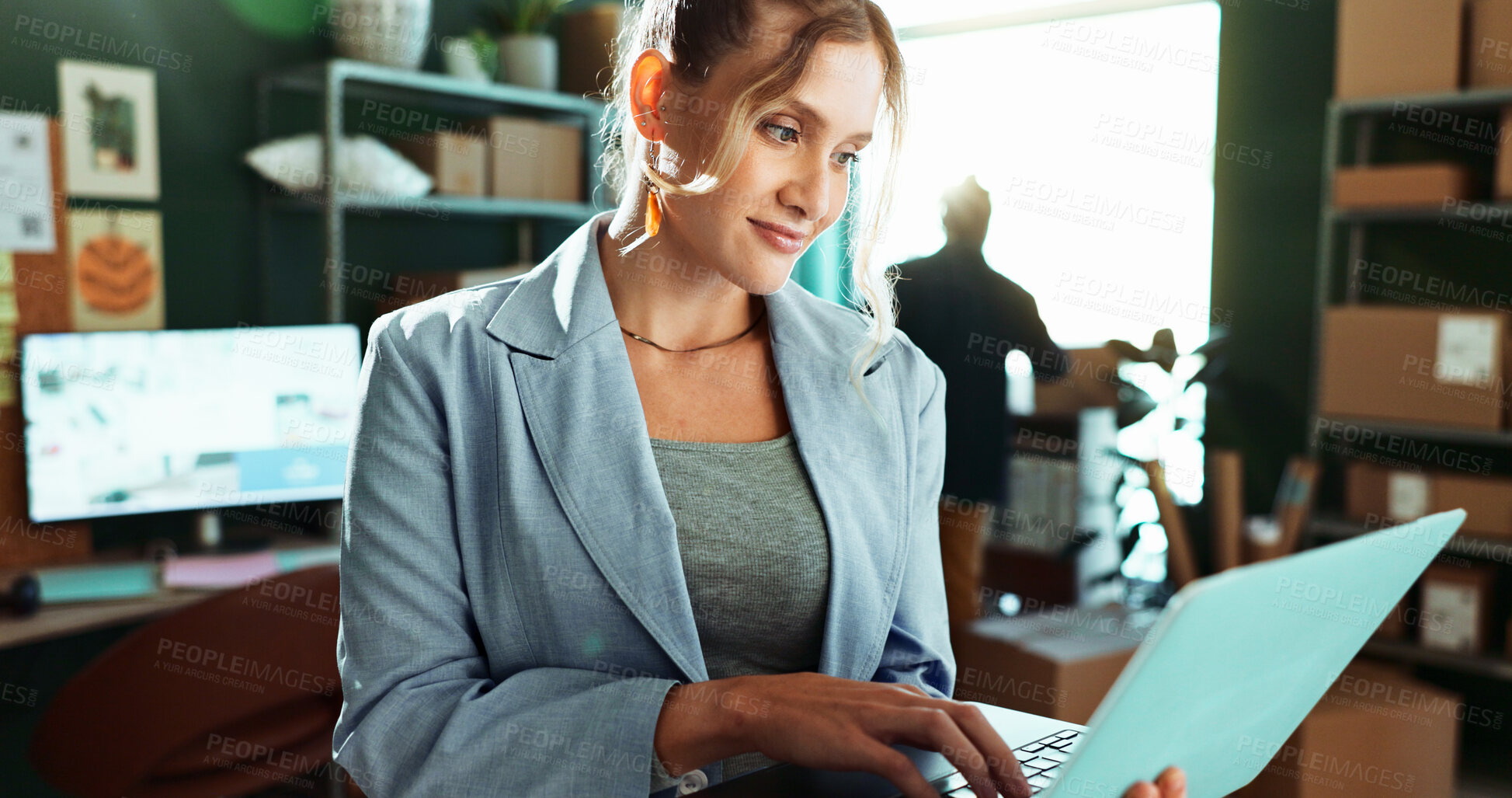 Buy stock photo Business, boxes and woman in office, laptop and internet with online schedule for delivery. Person, supply chain and entrepreneur in workplace, computer and website info with storage and inventory