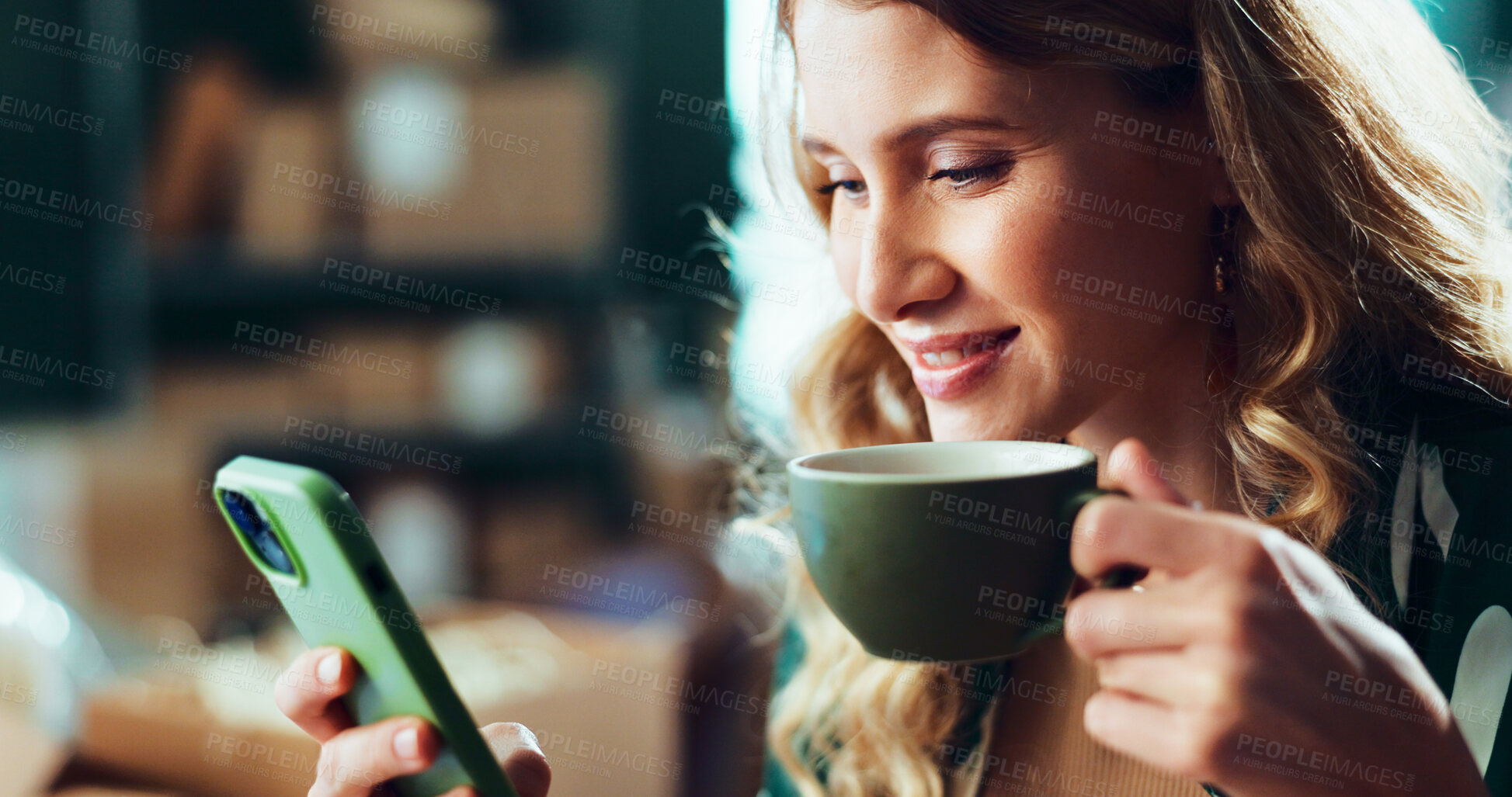 Buy stock photo Logistics, woman and happy with phone, coffee or tracking online order for small business. Ecommerce, startup owner or break with smartphone for website reviews, dropshipping schedule or supply chain