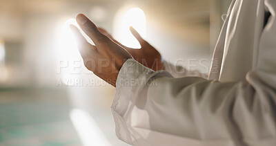Buy stock photo Islamic, person and hands in mosque for prayer, worship and gratitude to Allah for peace in morning. Muslim, man and praise in temple for spiritual healing, mindfulness or faith with hope in religion