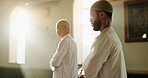 Worship, prayer and Muslim men in mosque, faith and peace for Palestine, spiritual belief or arabic culture. Islamic group, religion and group in holy temple and community solidarity in Saudi Arabia