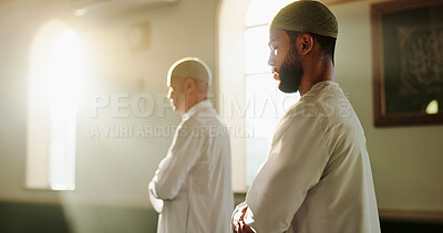 Buy stock photo Worship, prayer and Muslim men in mosque, faith and peace for Palestine, spiritual belief or arabic culture. Islamic group, religion and people in holy temple and community solidarity with gratitude