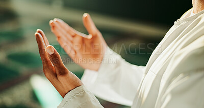 Buy stock photo Muslim, person and hands in mosque for prayer, worship and gratitude to Allah for peace in morning. Dua closeup, man and praise in temple for spiritual healing, hope and faith in Islamic religion