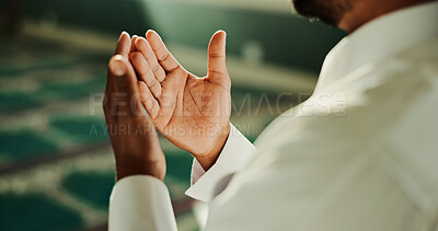 Buy stock photo Muslim, person and hands in temple for prayer, worship and gratitude to Allah for peace in morning. Dua closeup, man and praise in mosque for spiritual healing, hope and faith in Islamic religion