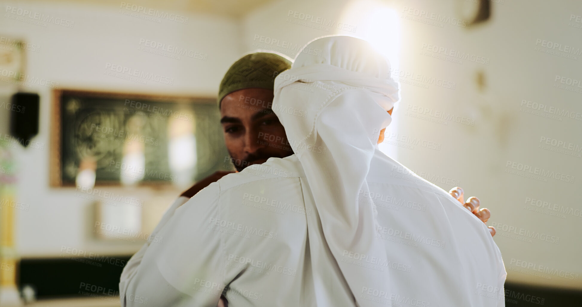 Buy stock photo Muslim, faith and people in mosque, hug and worship for Islamic religion, Ramadan and holy spirit. Fajr, praise and men with respect for Allah, embrace and gratitude to God in temple or belief