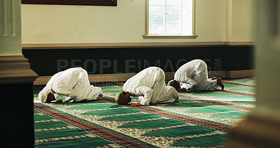 Buy stock photo Muslim men, prayer and bow in mosque for religion, worship Allah and holy faith with group on Eid. Islam, temple and people together with peace, hope or praise for gratitude with culture on Ramadan