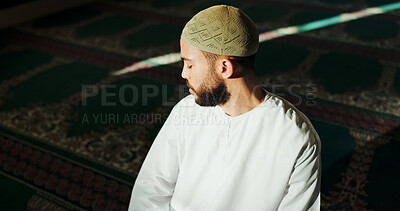 Buy stock photo Muslim man, prayer and mosque for religion, worship Allah and meditation for holy faith on Eid. Islam, temple and person with peace, hope or praise with spiritual gratitude or thinking on Ramadan