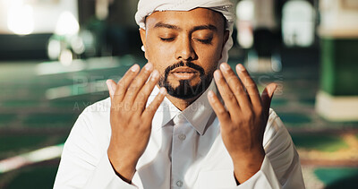 Buy stock photo Islamic, man and hands in mosque for prayer, worship and gratitude to Allah for peace in morning. Muslim, male person and praise in temple for spiritual healing, mindfulness and faith in religion