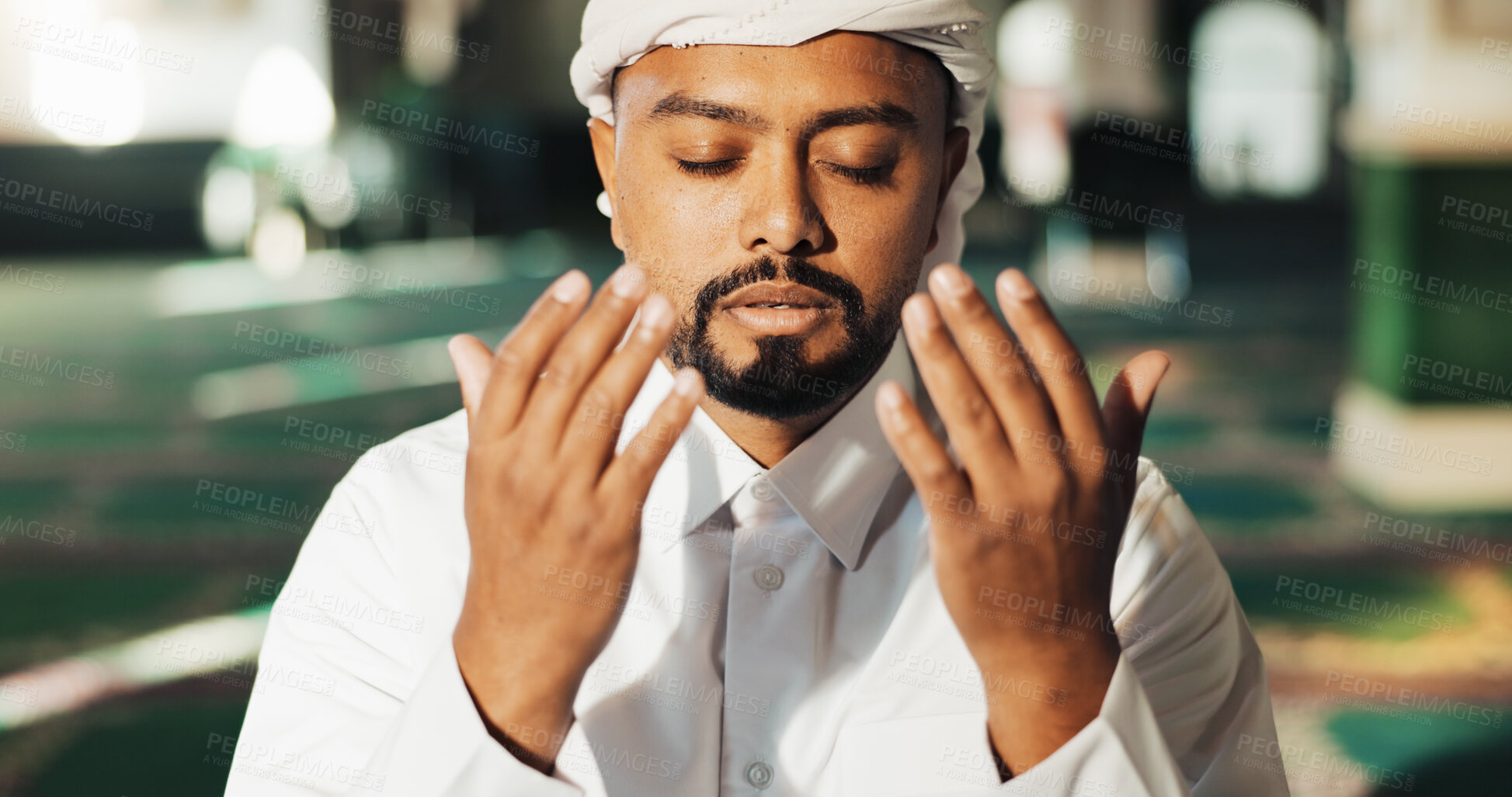 Buy stock photo Islamic, man and hands in mosque for prayer, worship and gratitude to Allah for peace in morning. Muslim, male person and praise in temple for spiritual healing, mindfulness and faith in religion
