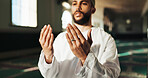 Muslim, man and hands in temple for prayer, worship and gratitude to Allah for peace in morning. Respect, male person and praise in mosque for spiritual healing, dua hope or faith in Islamic religion