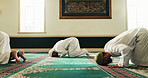 Bow, prayer and Muslim men in mosque, faith and peace for Palestine, worship or arabic culture. Islamic group, people or gratitude in holy temple, religion and community solidarity in Saudi Arabia