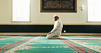Muslim man, thinking and mosque for religion, worship Allah or prayer for holy faith on Eid. Islam, temple and person with peace, hope or praise with reflection for gratitude with vision on Ramadan