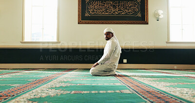 Buy stock photo Muslim man, thinking and mosque for religion, worship Allah or prayer for holy faith on Eid. Islam, temple and person with peace, hope or praise with reflection for gratitude with vision on Ramadan
