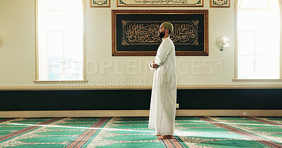 Buy stock photo Islamic man, mosque and prayer for faith, worship Allah or holy religion on Eid Mubarak. Temple, muslim person and meditate for peace, hope or praise for spiritual gratitude for dua on Ramadan Kareem
