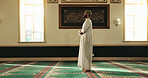 Muslim man, mosque and prayer for faith, worship Allah or holy religion on Eid Mubarak. Islamic person, temple and meditate for peace, hope or praise for spiritual gratitude for dua on Ramadan Kareem
