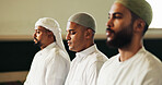 Praying, group and men in mosque, faith and respect for Allah in morning, worship and together for culture. Ramadan, holy spirit and people with loyalty to God, Islamic religion or blessing in temple