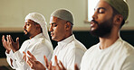Faith, prayer and Muslim men in mosque, religion and peace for Palestine, spiritual belief or trust. Islamic group, people or worship in holy temple, community solidarity or gratitude in Saudi Arabia