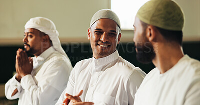 Buy stock photo Islamic, prayer and men with handshake in mosque for greeting, respect and kindness in religion. Worship, happy and people with shaking hands in holy temple for muslim community and spiritual praise