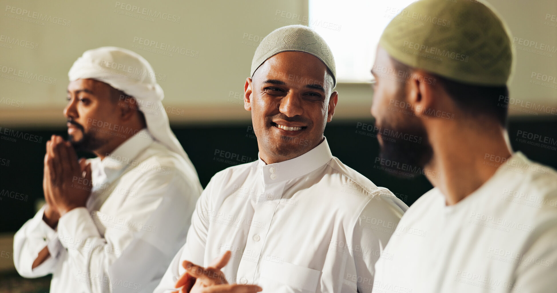 Buy stock photo Islamic, prayer and men with handshake in mosque for greeting, respect and kindness in religion. Worship, happy and people with shaking hands in holy temple for muslim community and spiritual praise
