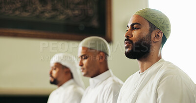 Buy stock photo Faith, prayer and Muslim men in mosque, gratitude and peace for Palestine, spiritual belief or worship. Islamic group, Eid Mubarak and people in holy temple and community solidarity in Middle East