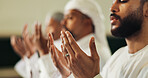 Hands, prayer and Muslim men in mosque, faith and peace for Palestine, spiritual belief or gratitude. Islamic group, people or worship in holy temple, community solidarity or religion in Saudi Arabia