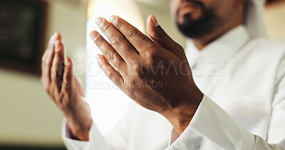 Buy stock photo Muslim, religion and praying in mosque, hands and worship for Islamic faith, Ramadan and holy spirit. Fajr, praise and person with respect for Allah, humble and gratitude to God in temple or belief