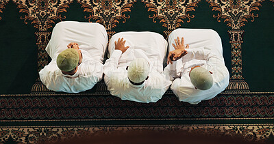 Buy stock photo Muslim, prayer and men with handshake in mosque for greeting, respect and support in religion. Above, worship and people with shaking hands in holy temple for islamic community and spiritual praise