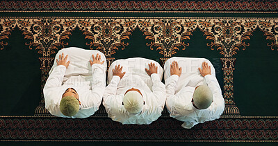 Buy stock photo Islamic people, above or group praying to worship for Palestine, gratitude or support to Allah in holy temple. Dua, Muslim religion and asking God for spiritual guidance, blessing or Ramadan Kareem