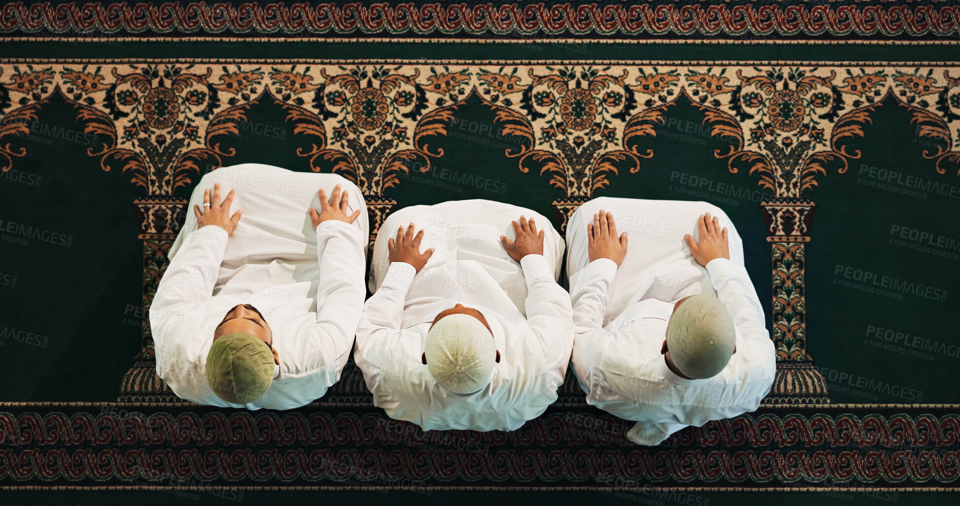Buy stock photo Islamic people, above or group praying to worship for Palestine, gratitude or support to Allah in holy temple. Dua, Muslim religion and asking God for spiritual guidance, blessing or Ramadan Kareem