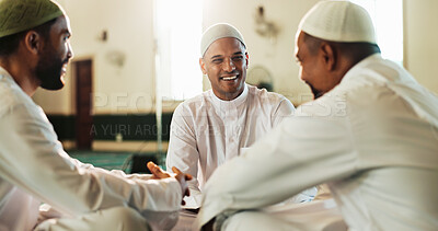Buy stock photo Muslim men, group and happy with religion at mosque, talk and excited for Ramadan on floor with Imam. People, circle and smile with conversation, reflection or remember scripture from Quran on carpet