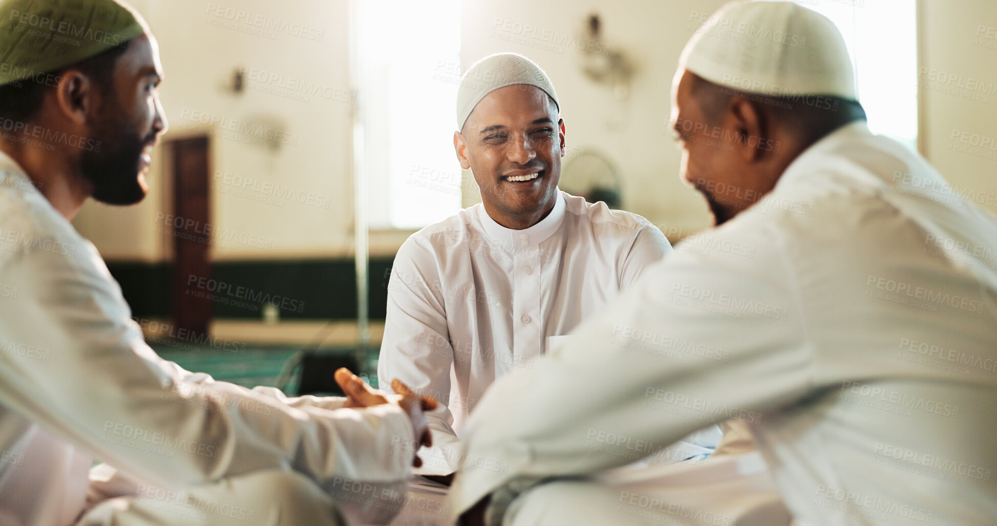 Buy stock photo Muslim men, group and happy with religion at mosque, talk and excited for Ramadan on floor with Imam. People, circle and smile with conversation, reflection or remember scripture from Quran on carpet