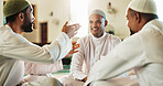 Talking, teaching or Islamic people in mosque for Palestine, knowledge or support to praise Allah. Men, Muslim religion or friends in holy temple for spiritual guidance, fasting or Ramadan Kareem