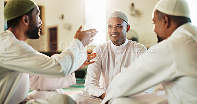 Buy stock photo Talking, teaching or Islamic people in mosque for Palestine, knowledge or support to praise Allah. Men, Muslim religion or friends in holy temple for spiritual guidance, fasting or Ramadan Kareem
