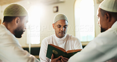 Buy stock photo Islamic, men and Quran in mosque for teaching, reading and mindfulness with worship to praise Allah. Muslim people, teacher and religion with book for guidance, learning scripture or prayer in temple